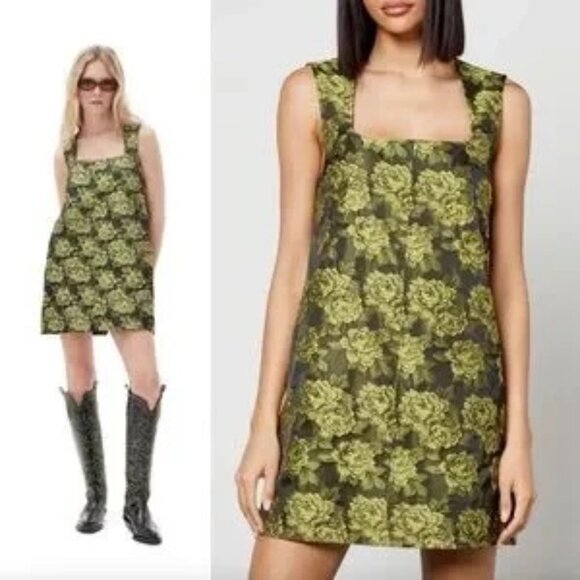 Women's Ganni Lemon Zest Jacquard Suiting Floral Sleeveless Mini Dress Size 36 - Picture 1 of 11